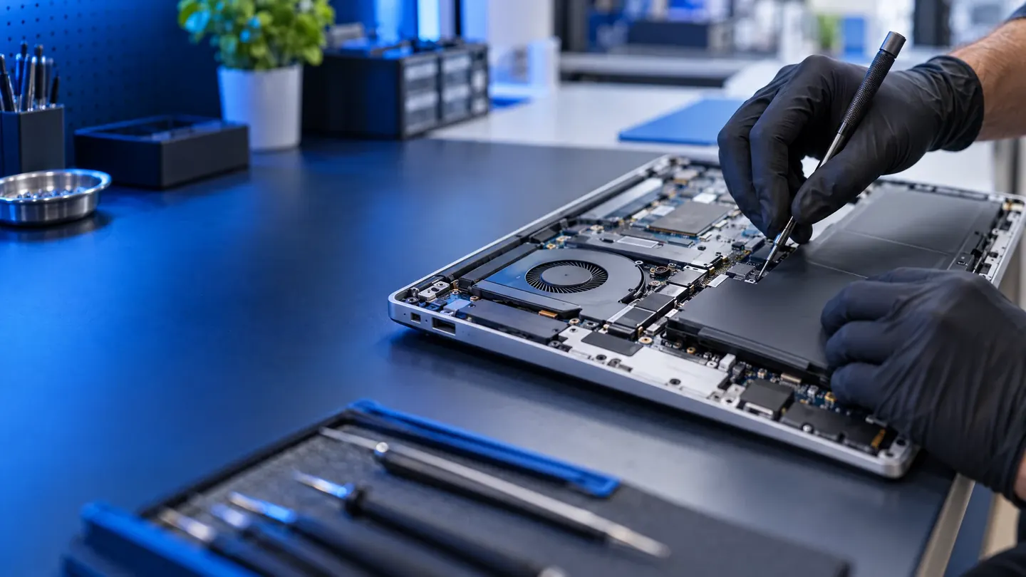 Technician repairing a generic laptop battery with precision tools on an electronics workbench